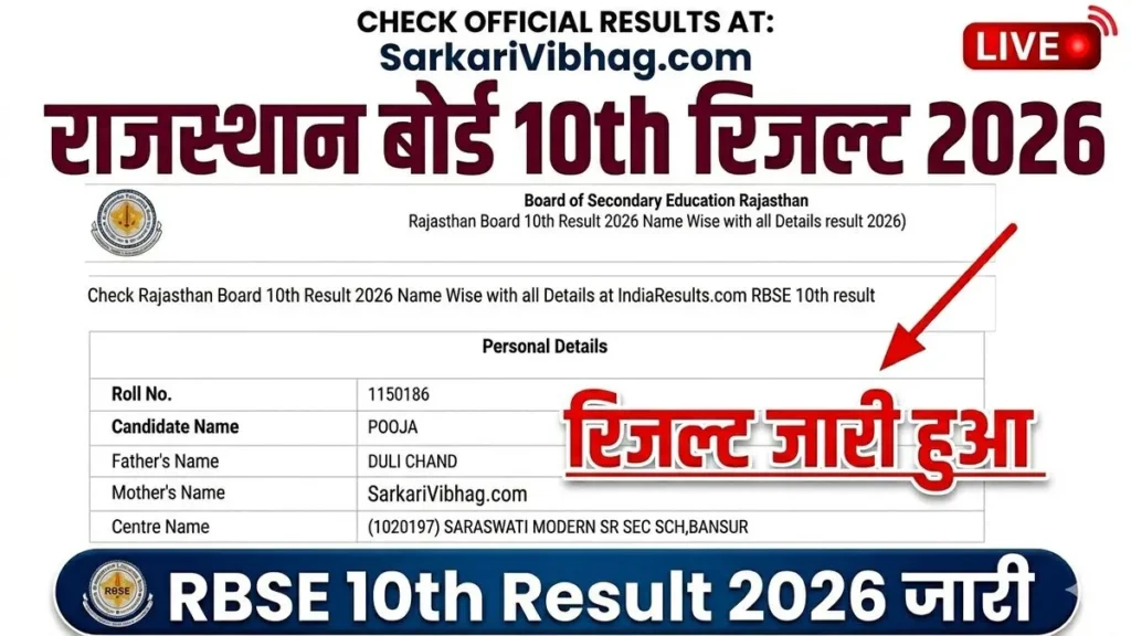 Rajasthan Board 10th Result 2026 OUT SarkariVibhag.Com